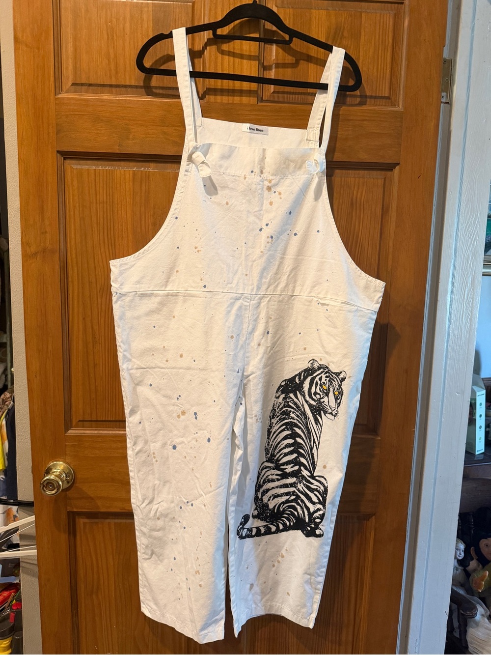 NWT! I Love Linen brand White Tiger Print paint splatter Capri Overalls
